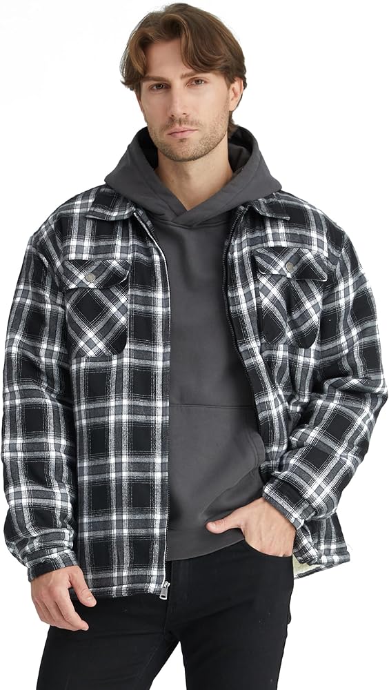 Amazon.com: WenVen Men's Zip up Sherpa Lined Plaid Shirt Lapel